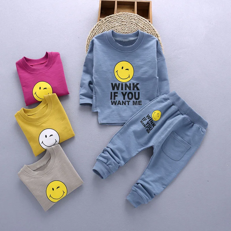 

Spring Baby's Set Boys Smiling Face Pullover Sweatshirt Tops + Casual Pant Girls Tracksuit Kids 2Pcs Infant Suits roupas de bebe