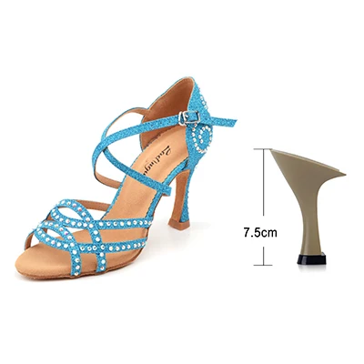 Ladingwu/Танцевальная обувь; женская обувь для латинских танцев; стразы; обувь для сальсы; Обувь для бальных танцев; вечерние туфли для профессиональных танцев; Каблук 9 см; блестящая атласная обувь - Цвет: Blue 7.5cm