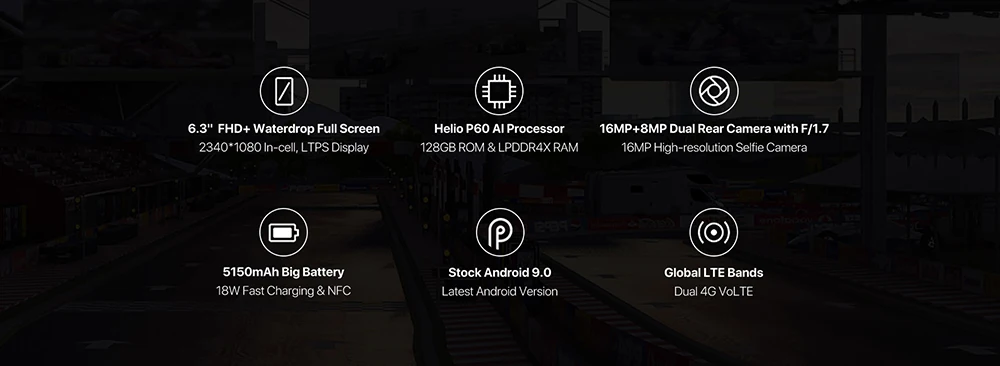 UMIDIGI F1 Android 9,0 6," FHD+ 128 Гб rom 4 Гб ram Helio P60 5150 мАч большая батарея 18 Вт Быстрая зарядка смартфон 16 Мп+ 8 Мп