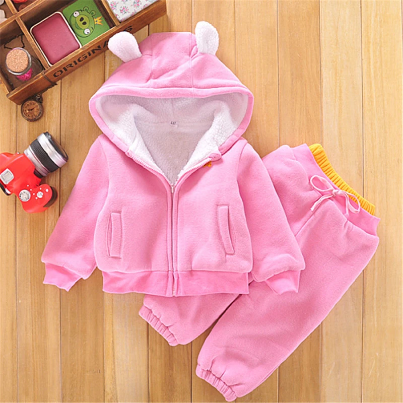 

2018 Kid Autumn Winter Suit Lovely Bear Ears Zipper Toddler Hoodies Shirt+Pants Two Piece Pink Solid Toddler Hoodie Set Girl