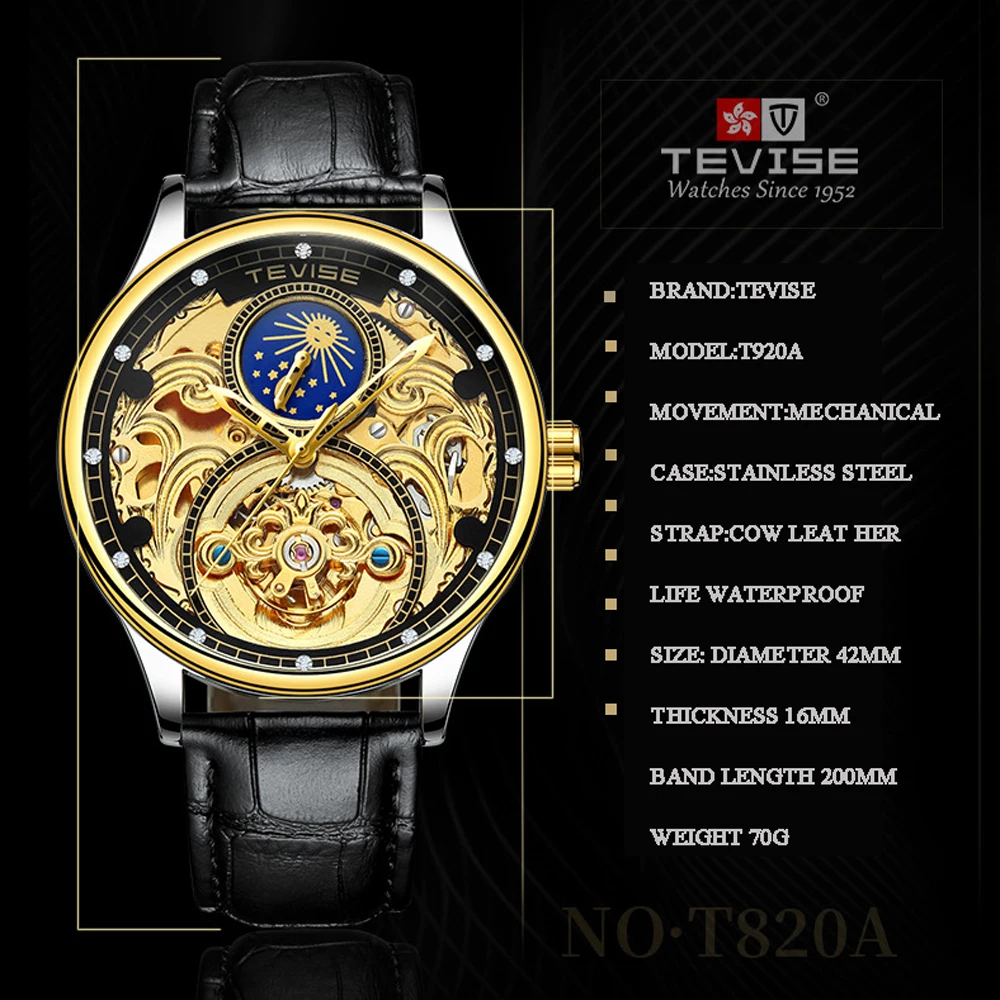 Tevise التلقائي ووتش الرجال ساعات آلية الجوف الهيكل العظمي الذاتي لف الذكور العلامة التجارية الفاخرة الرياضة ساعة معصم Relogio Masculino