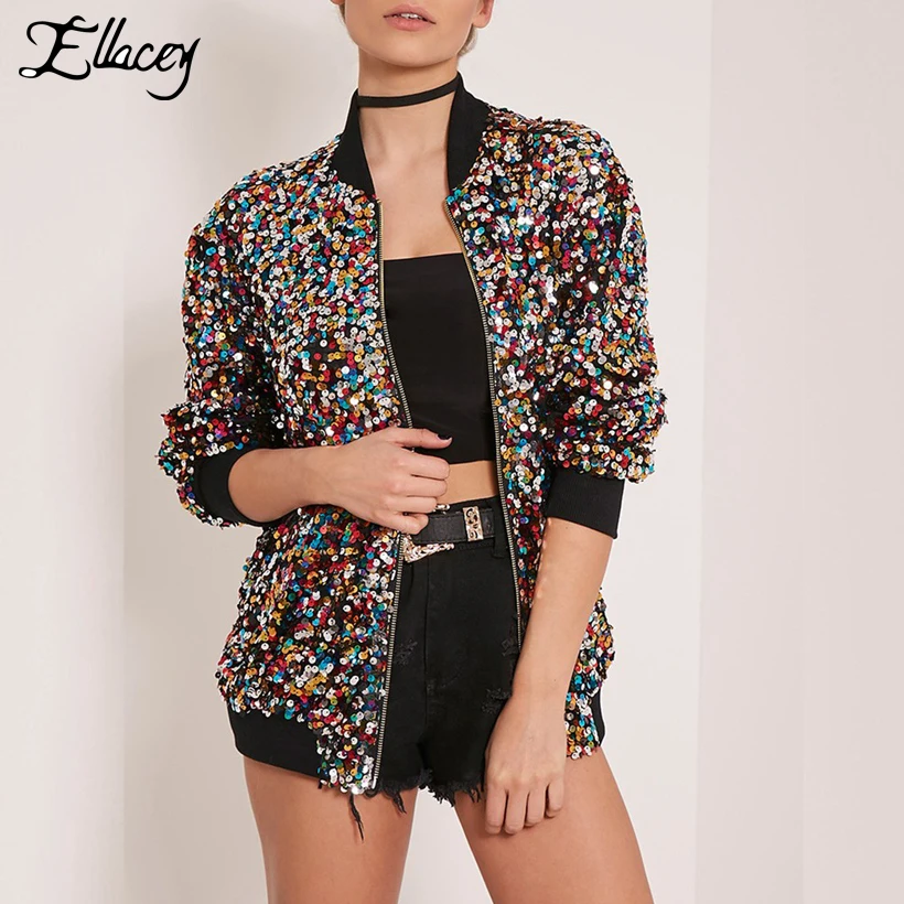 Brand New Stylish Sequins Bomber Jacket Multi-color Shiny Bling Bling Sequin Jacket Women Basic Coats Show Camo Jacket