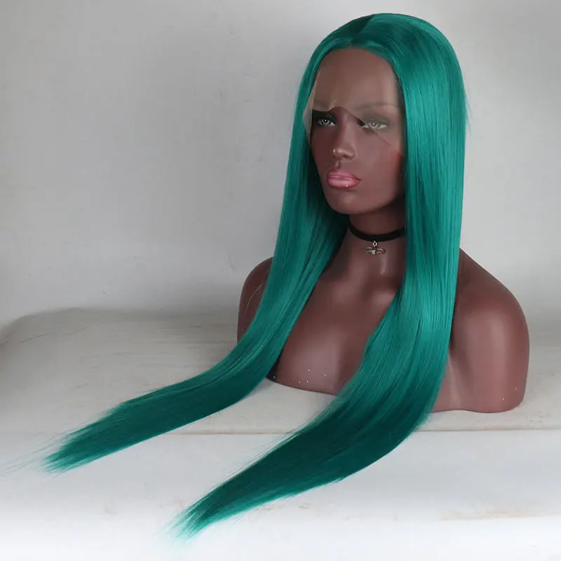 

Bombshell 180% Density Green Straight Hand Tied Synthetic Lace Front Wig Heat Resistant Fiber Hair Middle Parting For Women Wigs