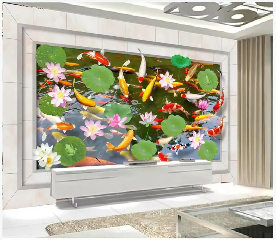 

Custom photo wallpaper for walls 3 d wall murals wallpaper 3d pond fish lotus leaf flower background wall decorative painting