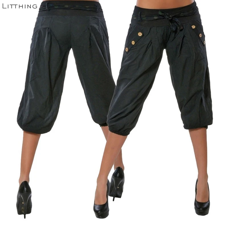 

LITTHING Women Plus Size Loose Pants Buttons Casual Elastic Low Waist Harem Pants Capris Female Solid Trousers Summer Pantalones