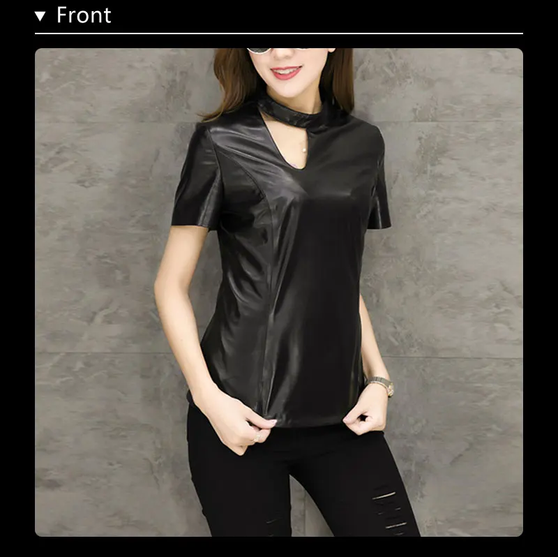 Корейский стиль женские черные натуральная кожа настоящая овчина с футболки и топы с коротким рукавом полый тонкий camise ropa LT2308