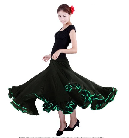 Красные, черные, зеленые, синие, фиолетовые, розовые женские испанские Faldas De Baile фламенко танцевальная юбка костюм Bailar фламенко платья для девочек - Цвет: Black with green