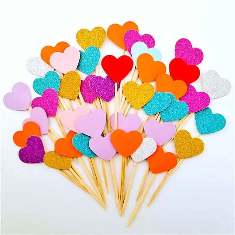 20pcs Glitter Love Heart Cupcake Toppers Kids Happy Birthday Party