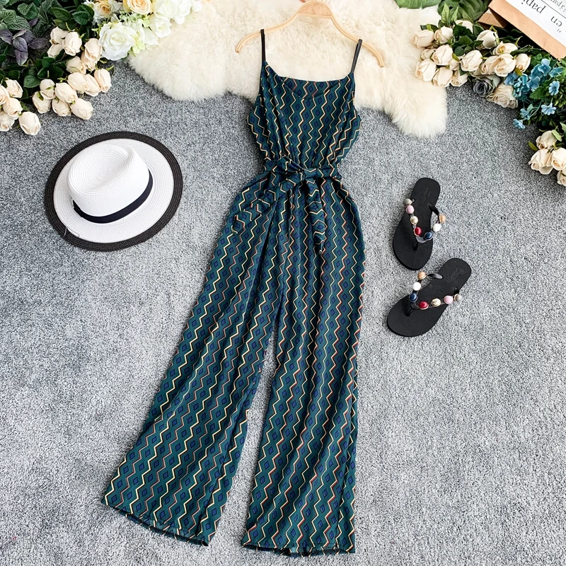 

Women Vintage Jumpsuits New 2019 Summer Spaghetti Strap Sleeveless Pants Beach Playsuits Geometric Pattern Print Romper Overalls