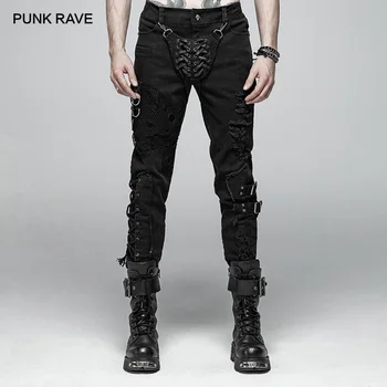 

PUNK RAVE Men's Punk Pants Personality Vintage Cotton Twill Long Pants Steampunk Hip Hop Streetwear Decadent Mens Denim Pants