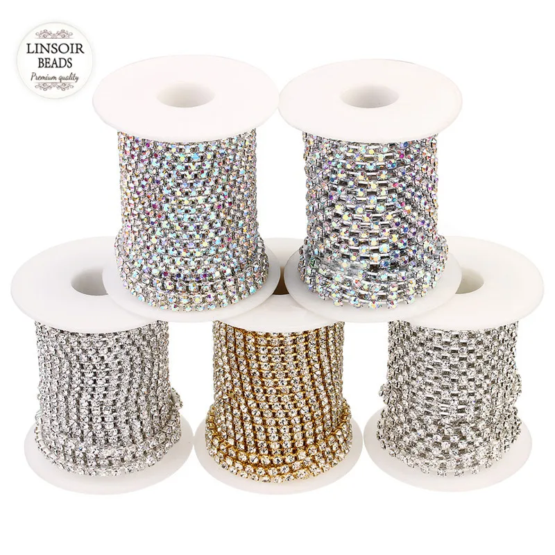 

10 Yard/roll SS6 SS8 SS12 SS16 Clear Crystal Rhinestone Chain Gold Silver Color Flat back Cup Claw Chain for DIY Jewelry Making