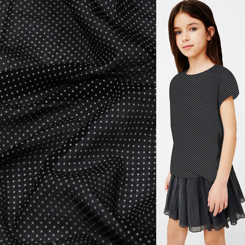 

Mini white polka dot print on black background silk cotton blended fabric,SCT387
