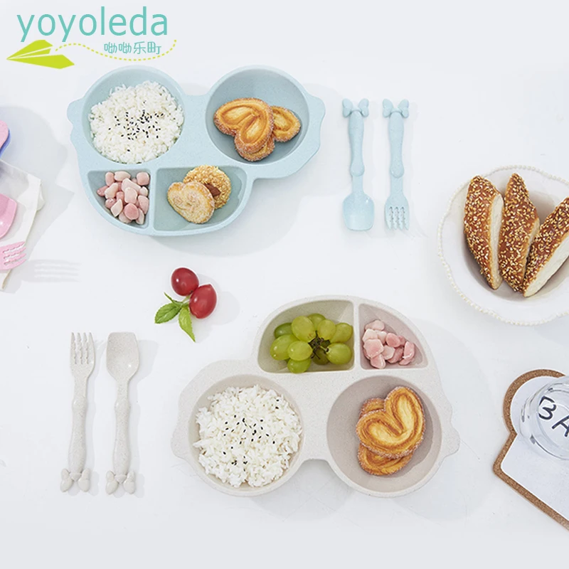 

High Quality Dinnerware Plate 3Pcs/Set Natural Wheat Straw Cute Cartoon Car Tableware kids Dinner Fruit Snacks Dessert Dishes