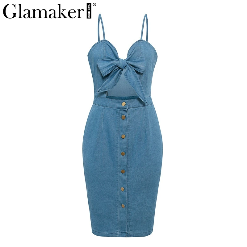 Glamaker, джинсовое, тонкое, с вырезом, миди, сексуальное платье, для женщин, летнее, с бантом, элегантное платье для вечеринки, женское, длинное, с открытой спиной, облегающее, джинсовое платье