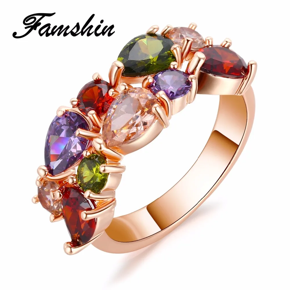 

FAMSHIN 2018 New Design Alloy Rose Gold Color Geometric Zircon Ring Wedding Colorful Crystal Rings Jewelry For Women