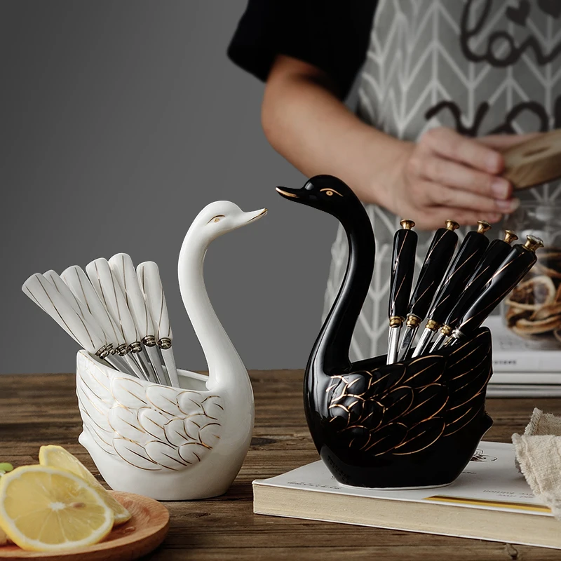  Ceramic Swan Fork Spoon Stand Holder Fruit Forks kitchen Set Cutlery Cake Dessert Fork Snack Fork T