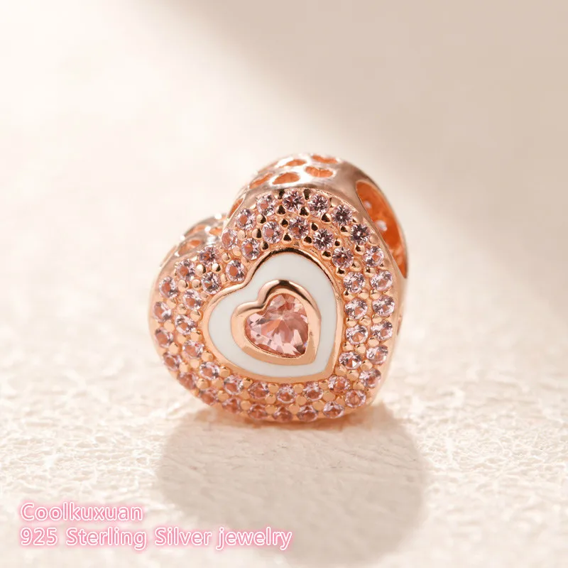 Spring 925 Sterling Silver Hearts on Hearts Charm Rose gold beads Fits Original Pandora bracelets Jewelry Making