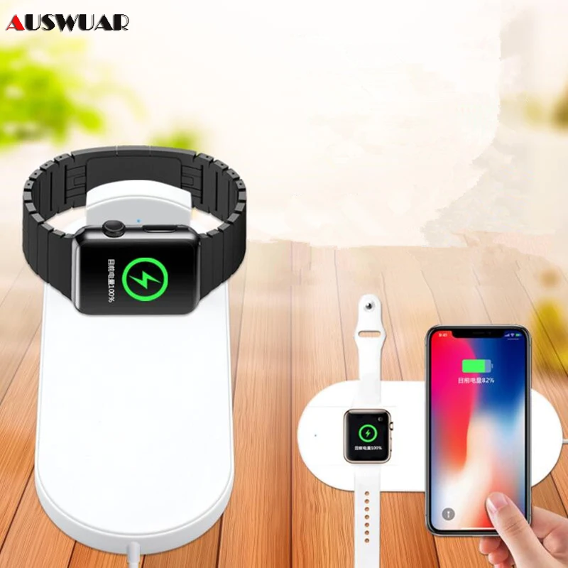Универсальное беспроводное зарядное устройство QI 2 в 1 для iPhone X 8 Plus XR XS MAX Apple Watch