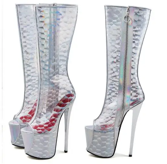 Новинка года; модная женская обувь на очень высоком каблуке из водонепроницаемого материала на платформе с украшениями; босоножки до колена на молнии с открытым носком на тонком каблуке; большие размеры
