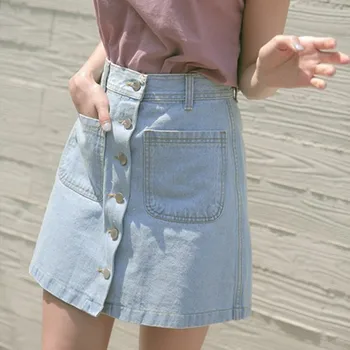 

Women's High Waist Solid A-Line Pockets Mini Jeans Skirt