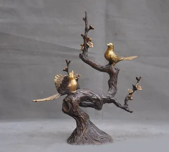 

christmas 12"old Chinese bronze Feng shui auspicious Magpies Plum flower tree statue New Year