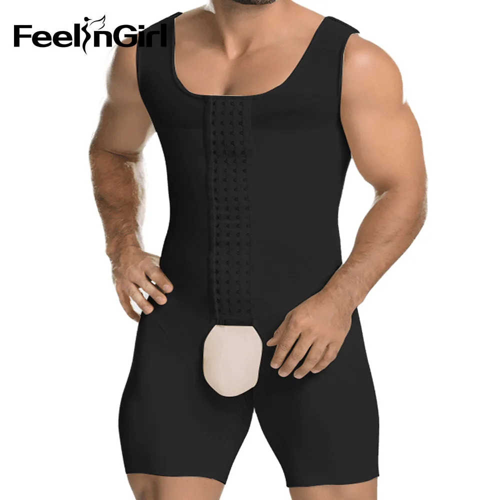 

FeelinGirl Men Large Size Hooks Straps Classic Sleeveless and U-neckline Bodysuit Open Crotch Adjustable Slimming Shapewear