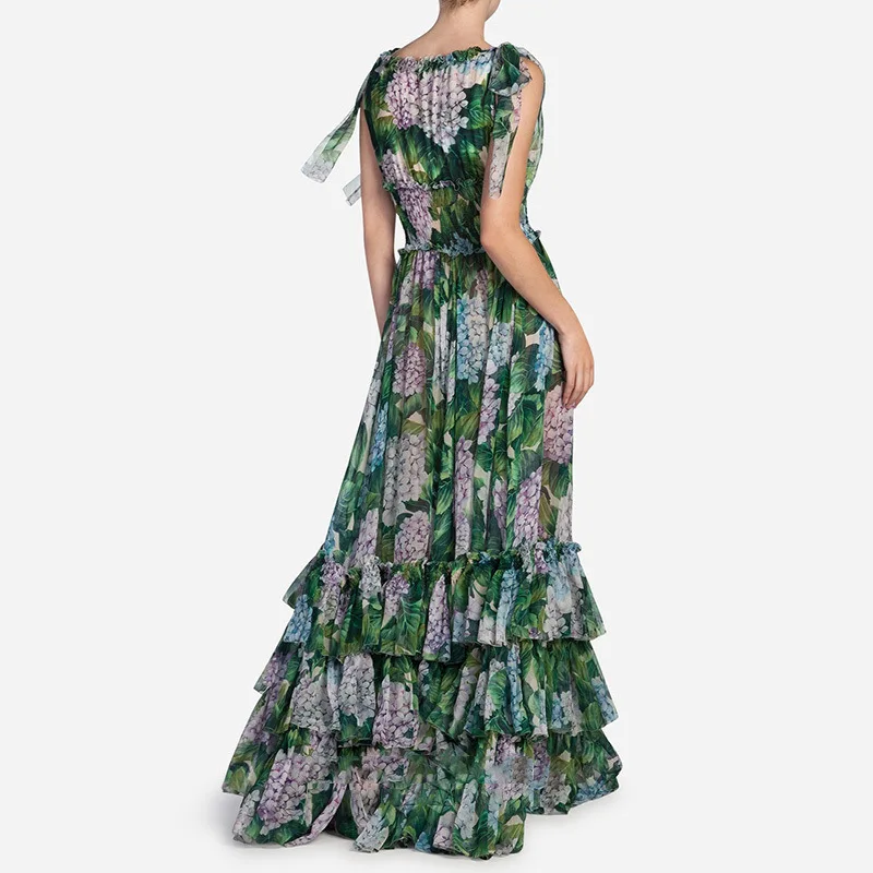 CAMIA Summer Green Layered Floral Print Dress V