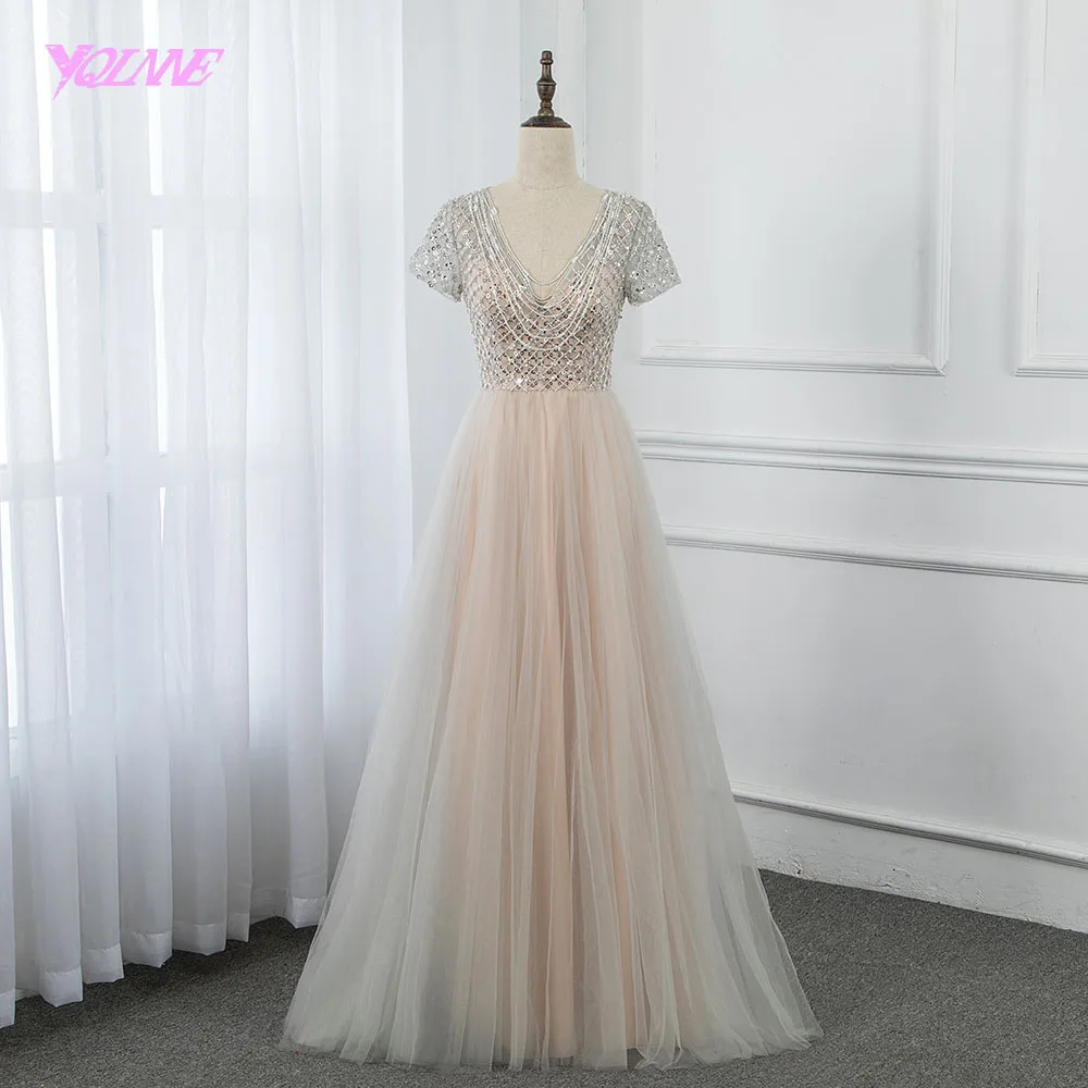 

Cheap Nude Long Prom Dresses 2019 Sleeves Beading Zipper Back Formal Gown Elegant YQLNNE