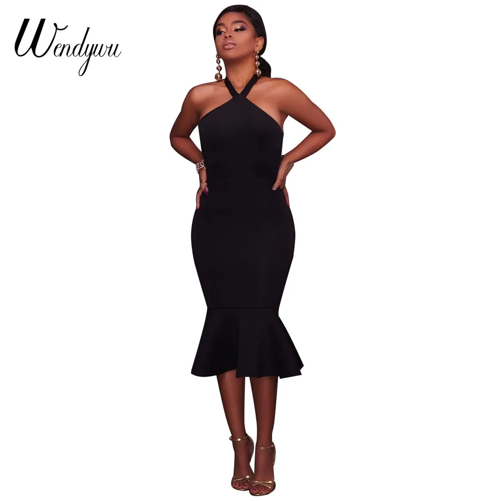 

Wendywu Novelty Fashion Summer Party Sleeveless Halter Solid Black Mid-Calf Mermaid Dress