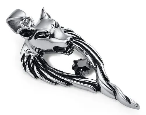 

Men's Biker Jewelry Pendant Stainless Steel Pendant Wolf W. Cubic Zirconia CZ Tribal Pendant Size Length 2.375" Width 1.125"