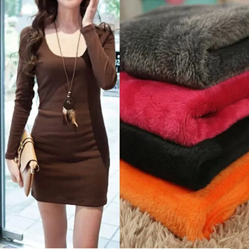 

WKOUD 2018 Winter Dress Women Fleeces Long Sleeve Warm Render Dress Casual Solid Deep O-Neck Dresses Female Vestdios L8061