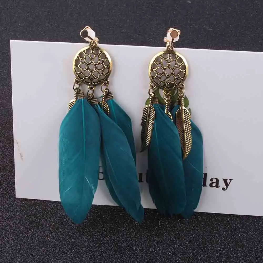 Ear Clip Earrings JIOFREE Vintage Bohemia blue feather Clip on Earrings Without Piercing for Girls Party Needn't Ear Hole clip earrings,ear clip
