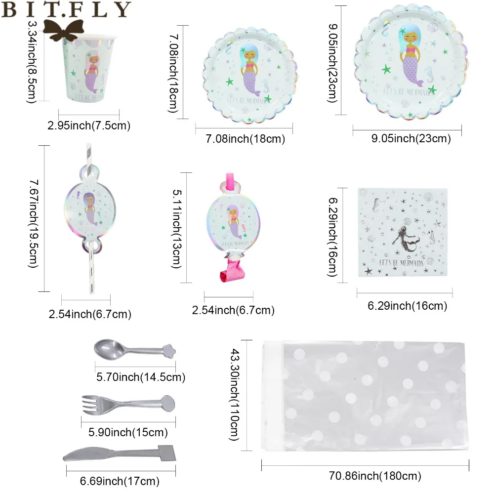 BIT. FLY Русалка Вечерние одноразовые бумажные стаканчики тарелки соломы вилки ложки Русалка День Рождения украшения Детские принадлежности
