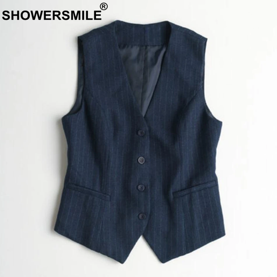 SHOWERSMILE Women Grey Vest 2019 Plus Size Striped Short Waistcoat Ladies Spring Autumn Slim Fit Sleeveless Jacket Classic Vests