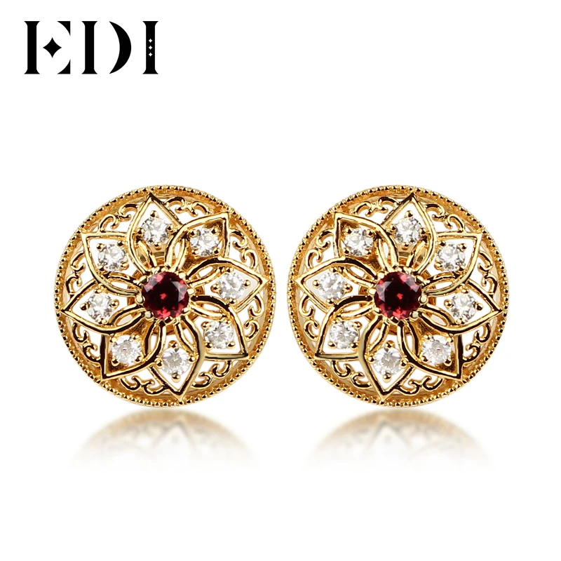 

EDI 19mm Natural Garnet Stud Earrings Women 925 Sterling Silver European Pattern Style Vintage Yellow Gold Plated Fine Jewelry