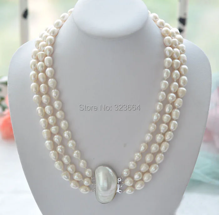 

3row 18" 12mm rice white Freshwater cultured pearl necklace mabe