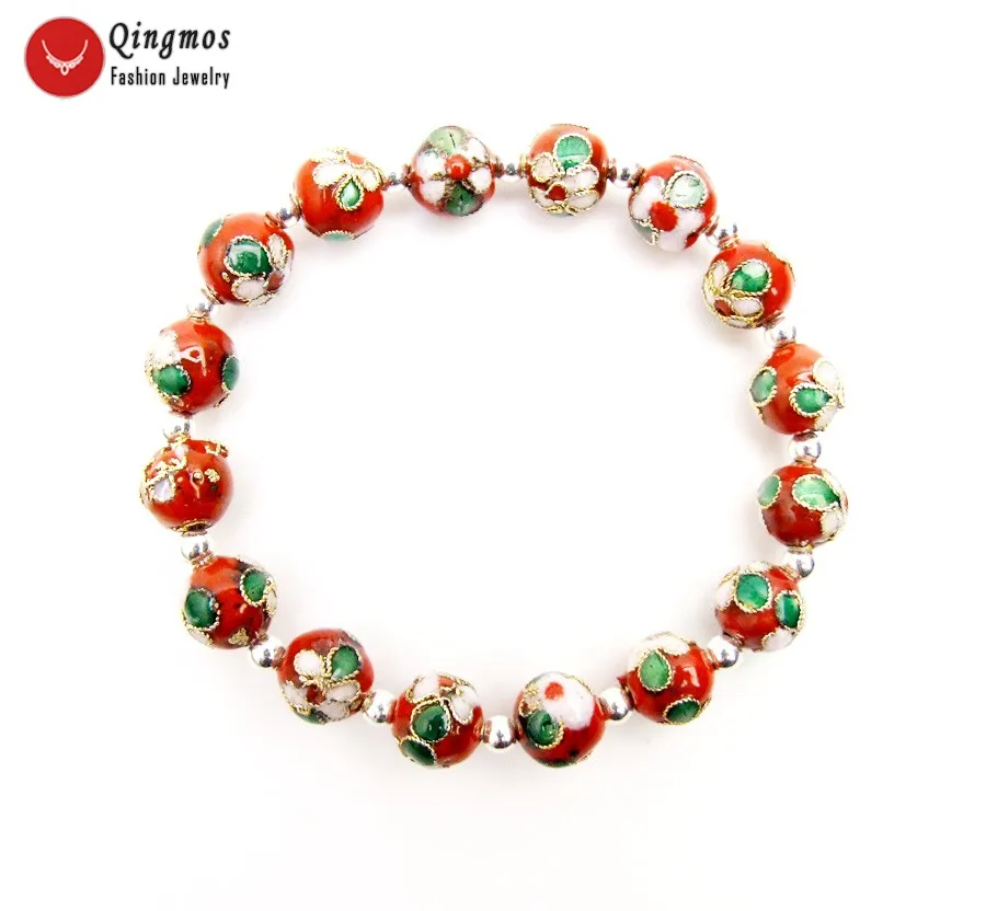 

Qingmos Trendy China Feature Cloisonne Bracelet for Women with 10mm Round Red Cloisonne Flower Beads Bracelet Jewelry 7.5'' b468