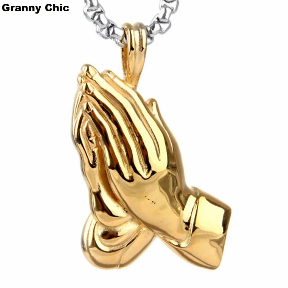 Granny Chic Mens Jewelry Yellow Gold Stainless Steel Prayer Palm Religious Pendant Box Necklace | Украшения и аксессуары