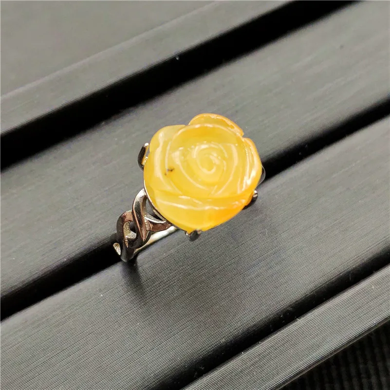 Natural Yellow Amber Gemstone Ring Flower Shape Adjustable 925 Sterling Silver For Woman Man Fashion Wedding Engagement Ring