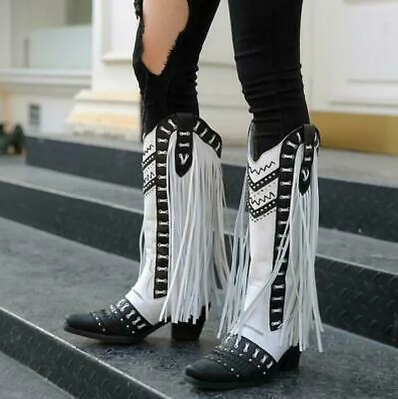

Retro Womens Hand-made Block Heel Tassels Cowboy 100% Genuine Leather Boots Long Chelsea Chunky High Heel Shoes Cowboy 2Colors