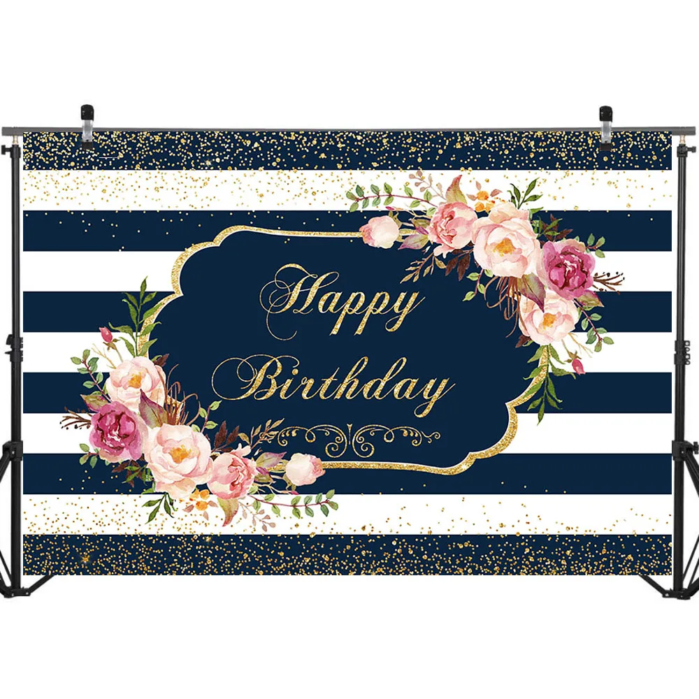 Happy Birthday Party Backdrop Dark Blue White Stripe Birthday