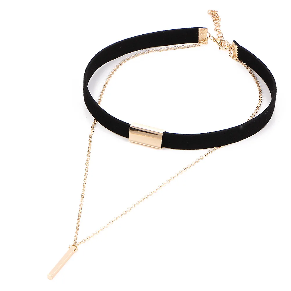 Black Leather Velvet Chokers Women Double Gold Plated Link Chain