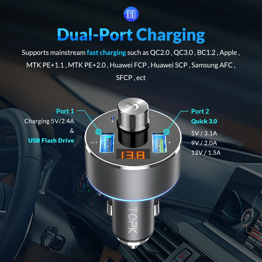 Цена Автомобильное зарядное устройство TOPK, беспроводной Bluetooth, fm передатчик, громкая связь, автомобильный аудио mp3 плеер QC3.0, быстрая зарядка, дво...
