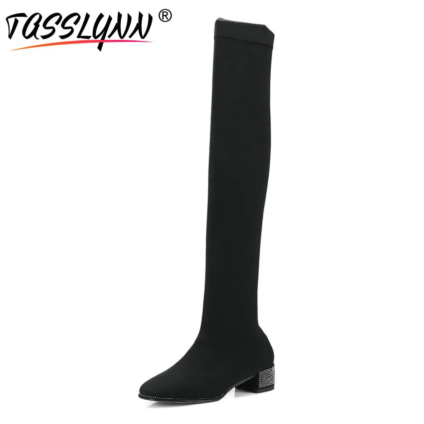 

TASSLYNN 2018 Women Boots Elegant Pointed Toe Over The Knee Boots Winter Stretch Fabric Bling Square Heels Women Shoes 34-39
