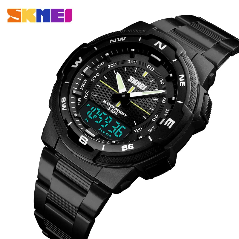 

SKMEI Dual Display Digital Sport Watches Men Top Brand Luxury Stainless Steel Quartz Wristwatches Business 5Bar Waterproof Watch