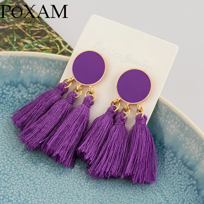Модные сережки с кисточками Boho для женщин, массивные винтажные этнические ручные серьги из хлопчатобумажной ткани с бахромой, женские свадебные украшения - Окраска металла: Purple