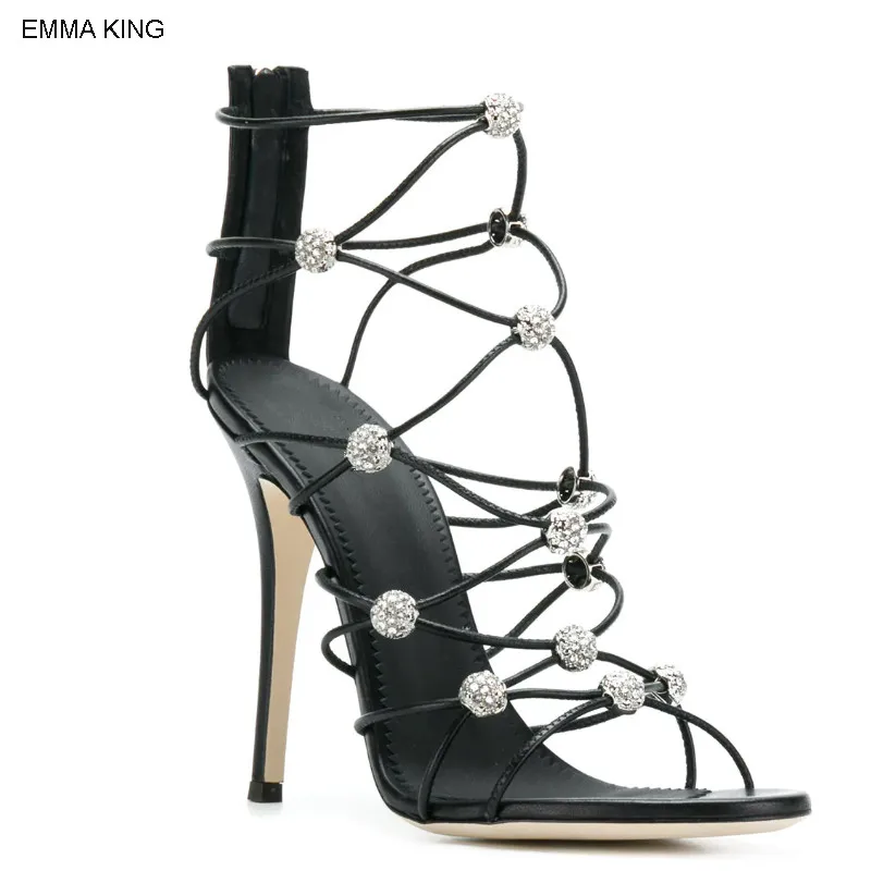 

EMMA KING2019 Fashion Summer Solid Crystals Zipper Open Toed Sexy Thin Heels Wedding Party Crossed Tied High Heels Sandals Women