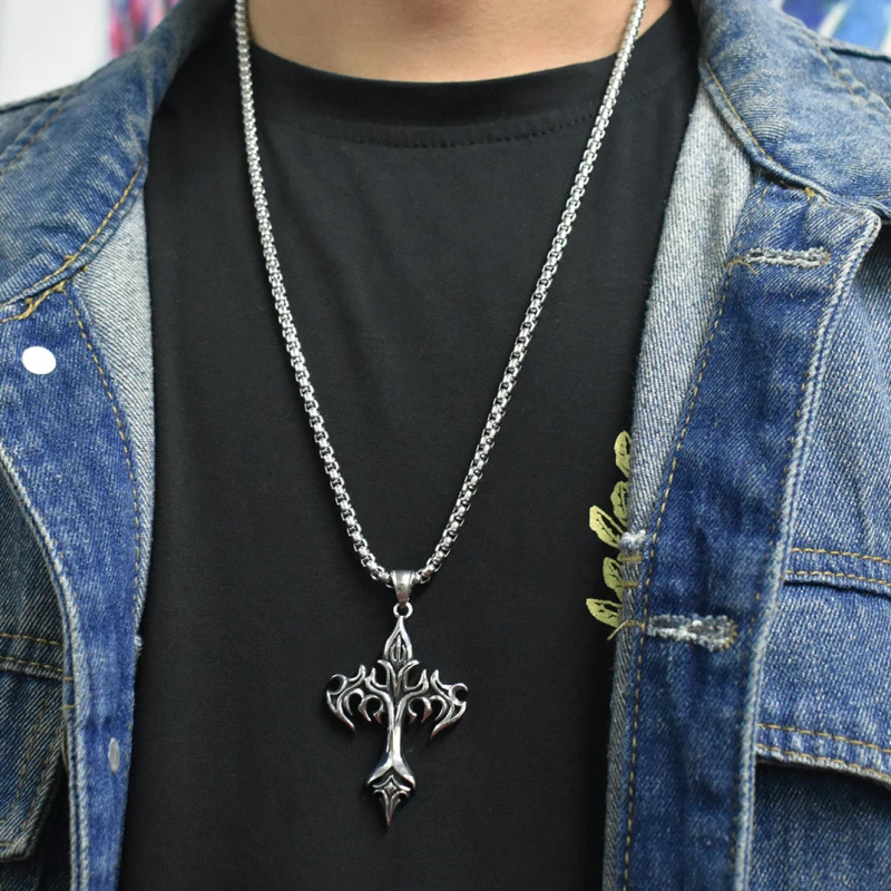 

Punk Charm Silver Stainless Steel Chains Fire Cross Necklaces for Women Men Fashion Long Chain Flame Cross Necklace Jewelry