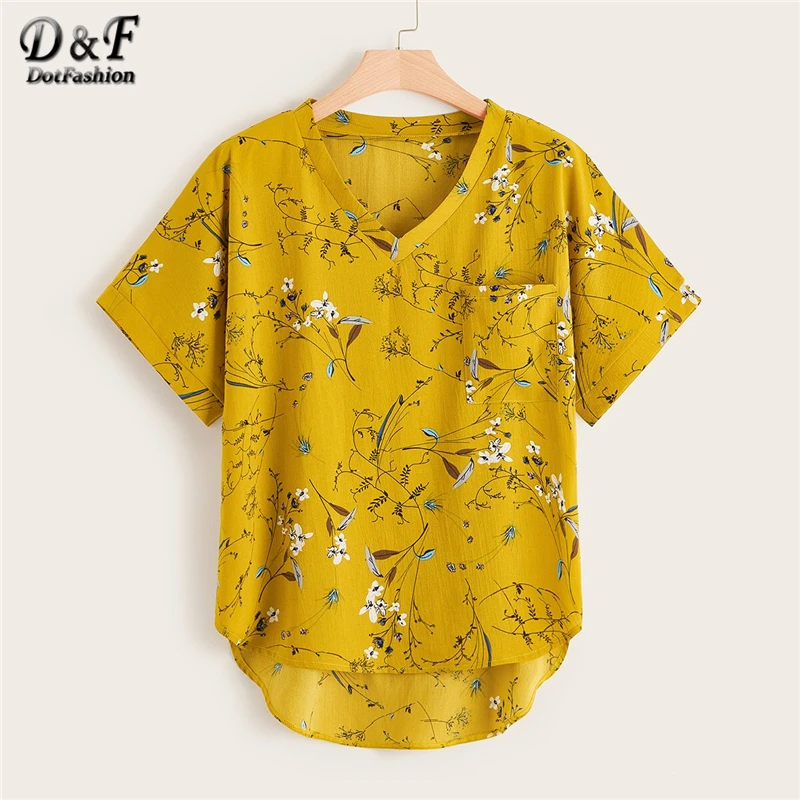 

Dotfashion Plus Size Ginger Dip Hem Floral Print Blouse Women 2019 Summer Casual V Neck Short Sleeve Clothes Ladies Pocket Tops