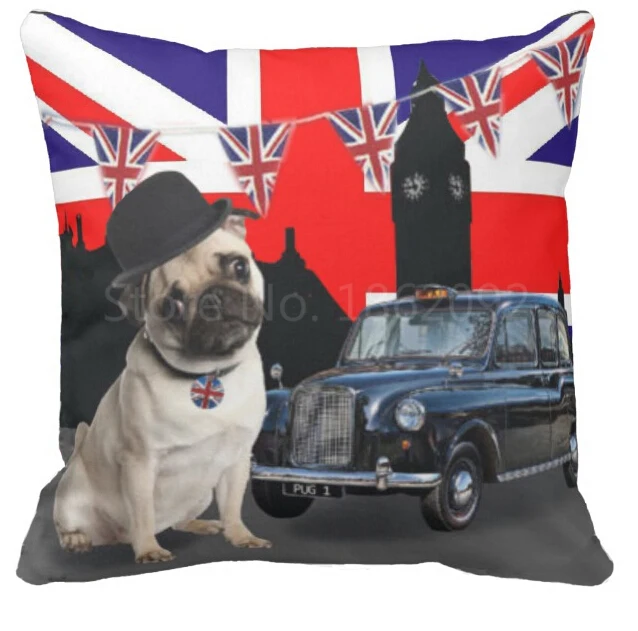 

Novelty London 2012 Union Jack Pug Dog Cushion Cover UK Flag Pugs Dog Throw Pillow Case Decorative Cute Animal Dogs Pattern Gift
